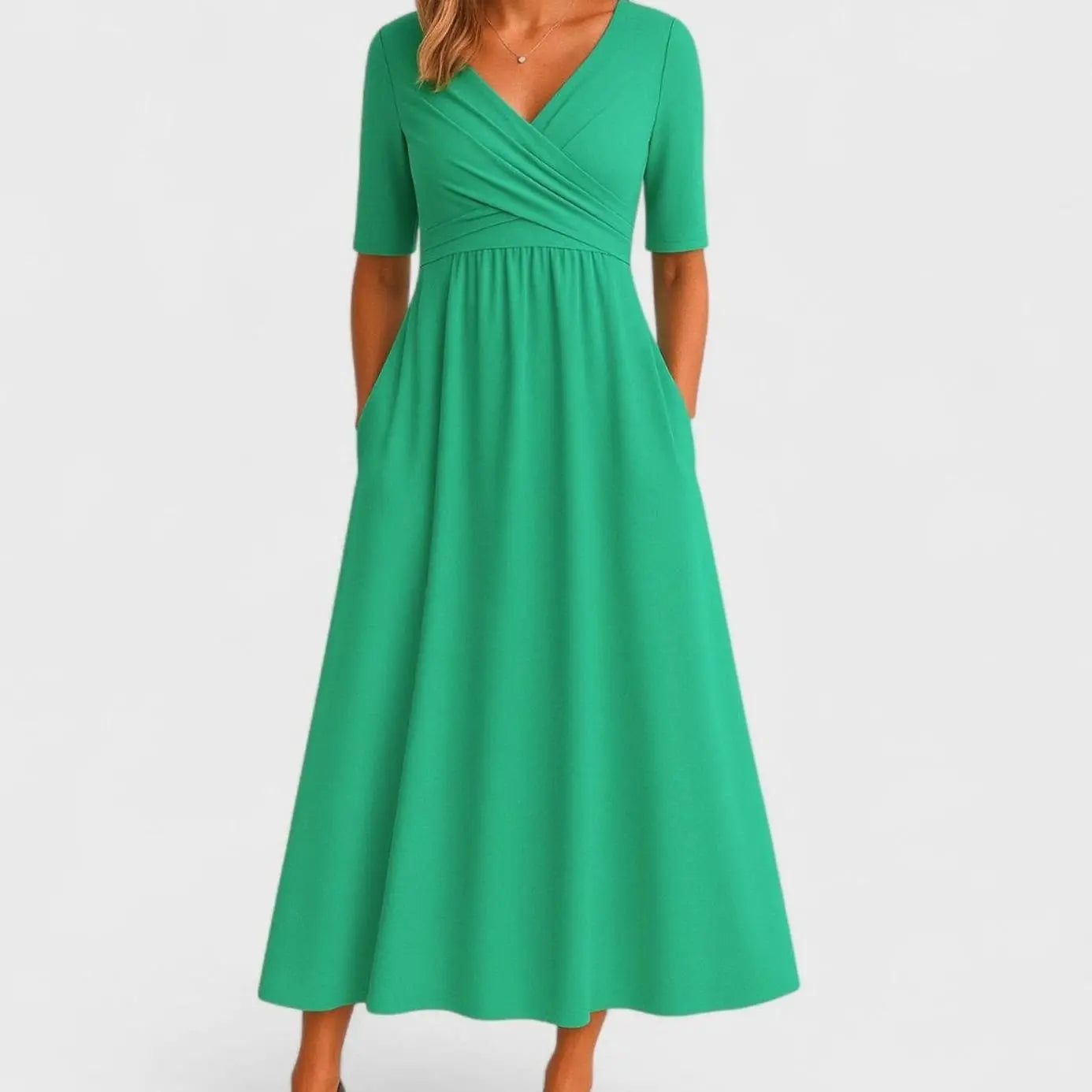 Women's V-Neck Crossover Ruched Waist Midi Dress Pockets - Green