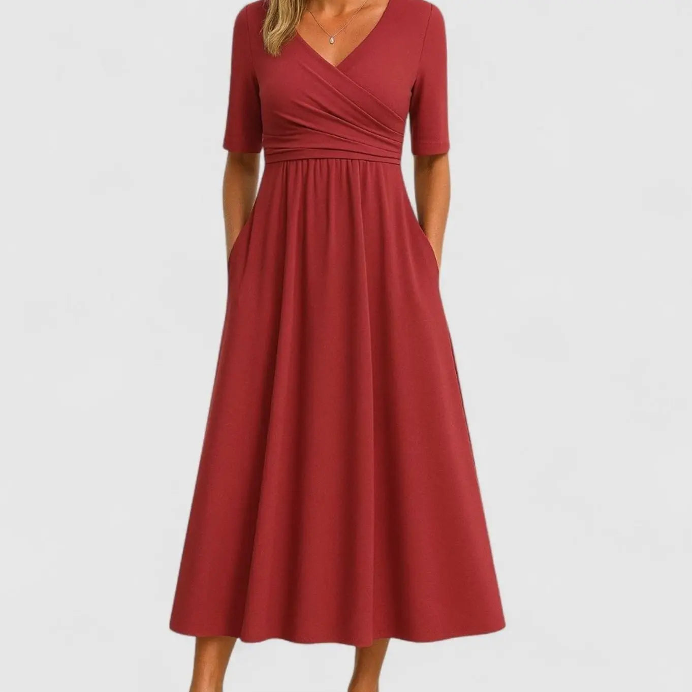 Women's V-Neck Crossover Ruched Waist Midi Dress Pockets - Red