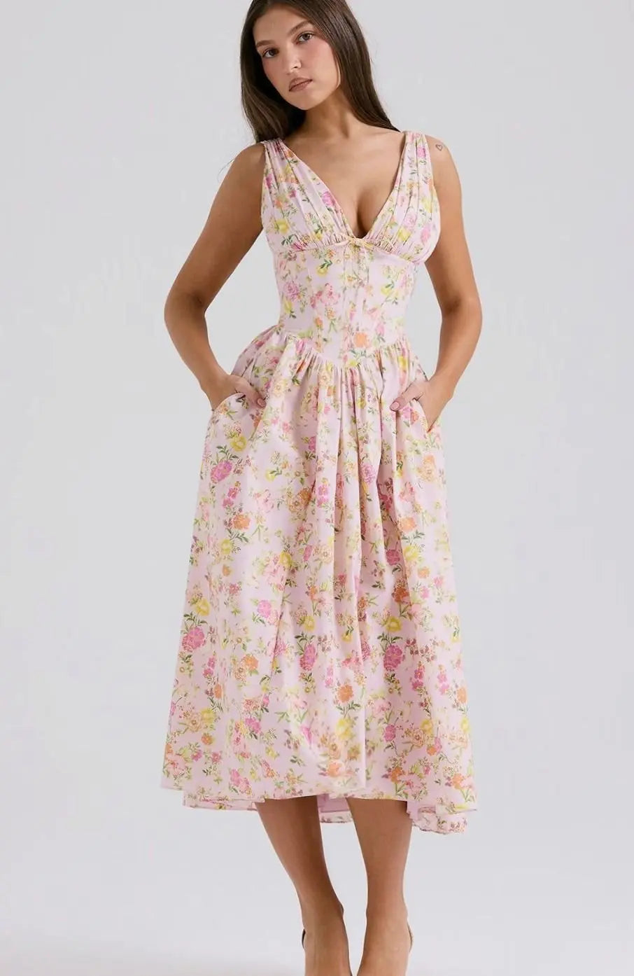 Women's V-Neck Floral Midi Dress Fit-and-Flare Pockets - Pink Floral