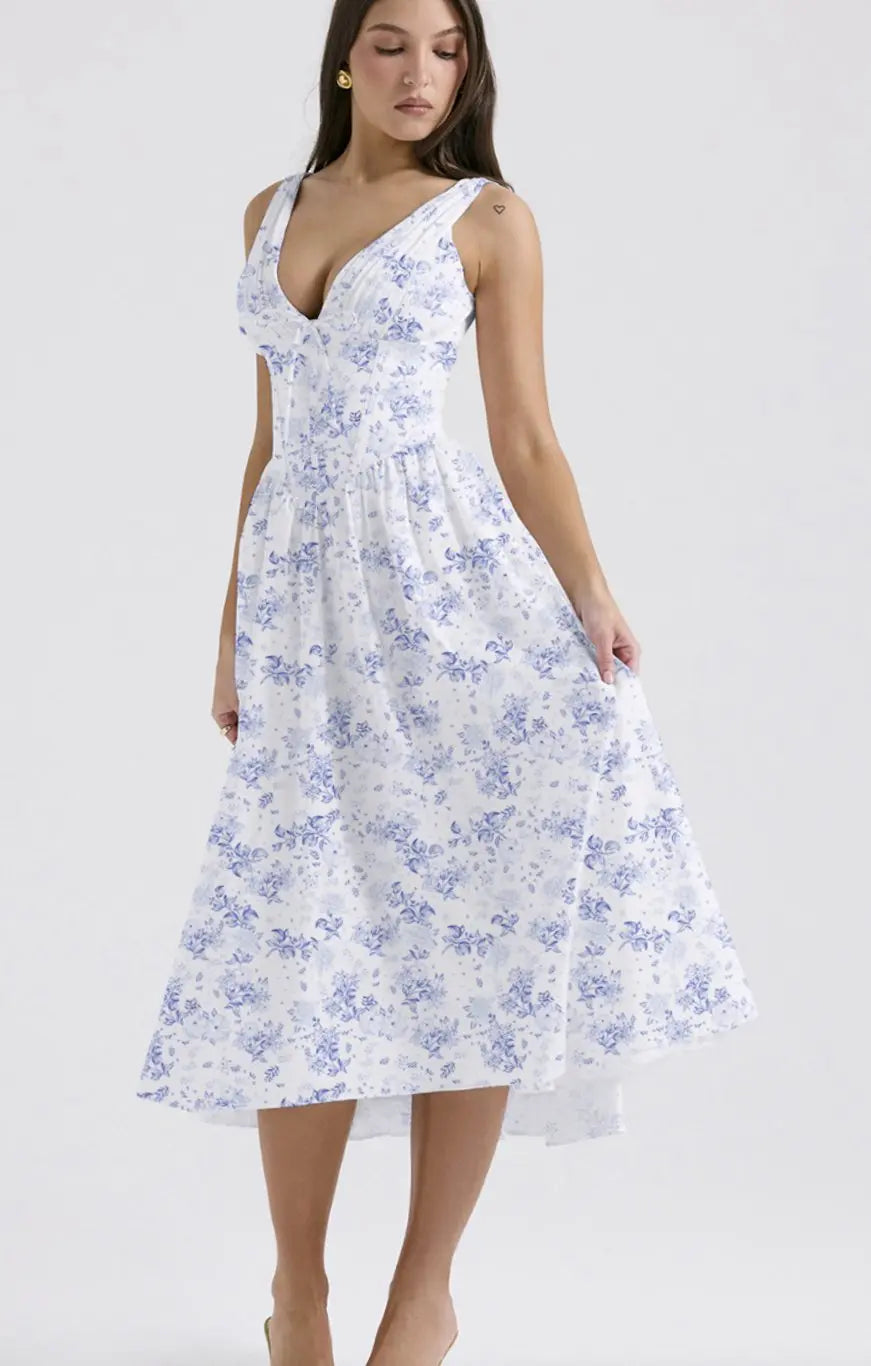 Women's V-Neck Floral Midi Dress Fit-and-Flare Pockets - Blue Floral