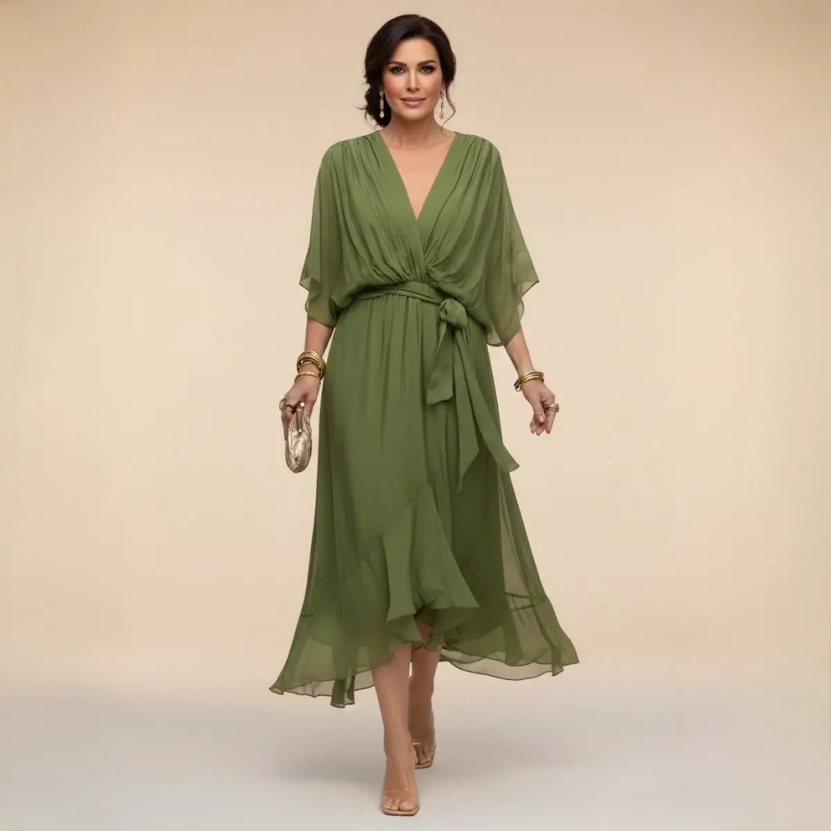 Women's V-Neck Flowy Chiffon Midi Wrap Dress - Green