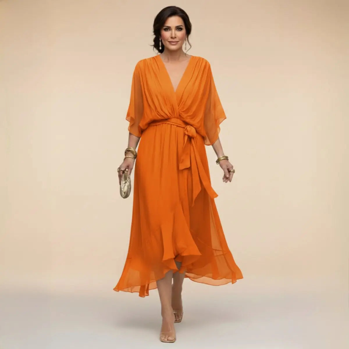 Women's V-Neck Flowy Chiffon Midi Wrap Dress - Orange