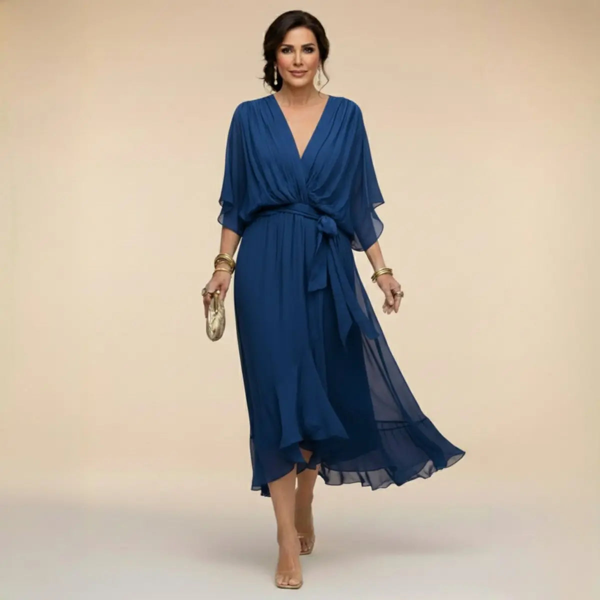 Women's V-Neck Flowy Chiffon Midi Wrap Dress - Blue
