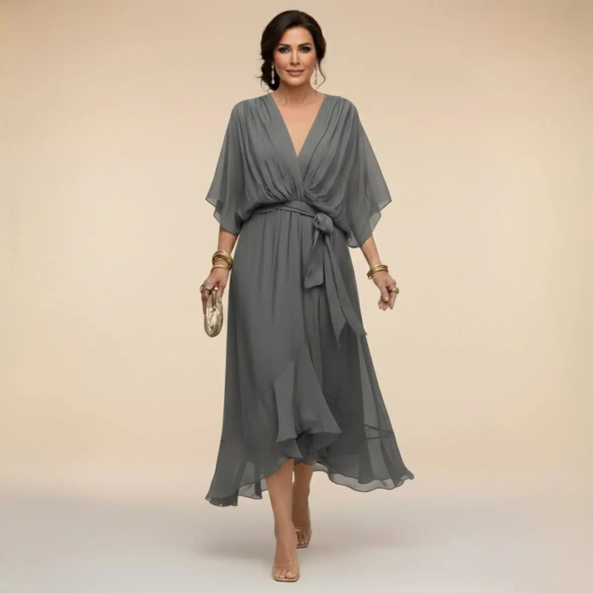 Women's V-Neck Flowy Chiffon Midi Wrap Dress - Grey