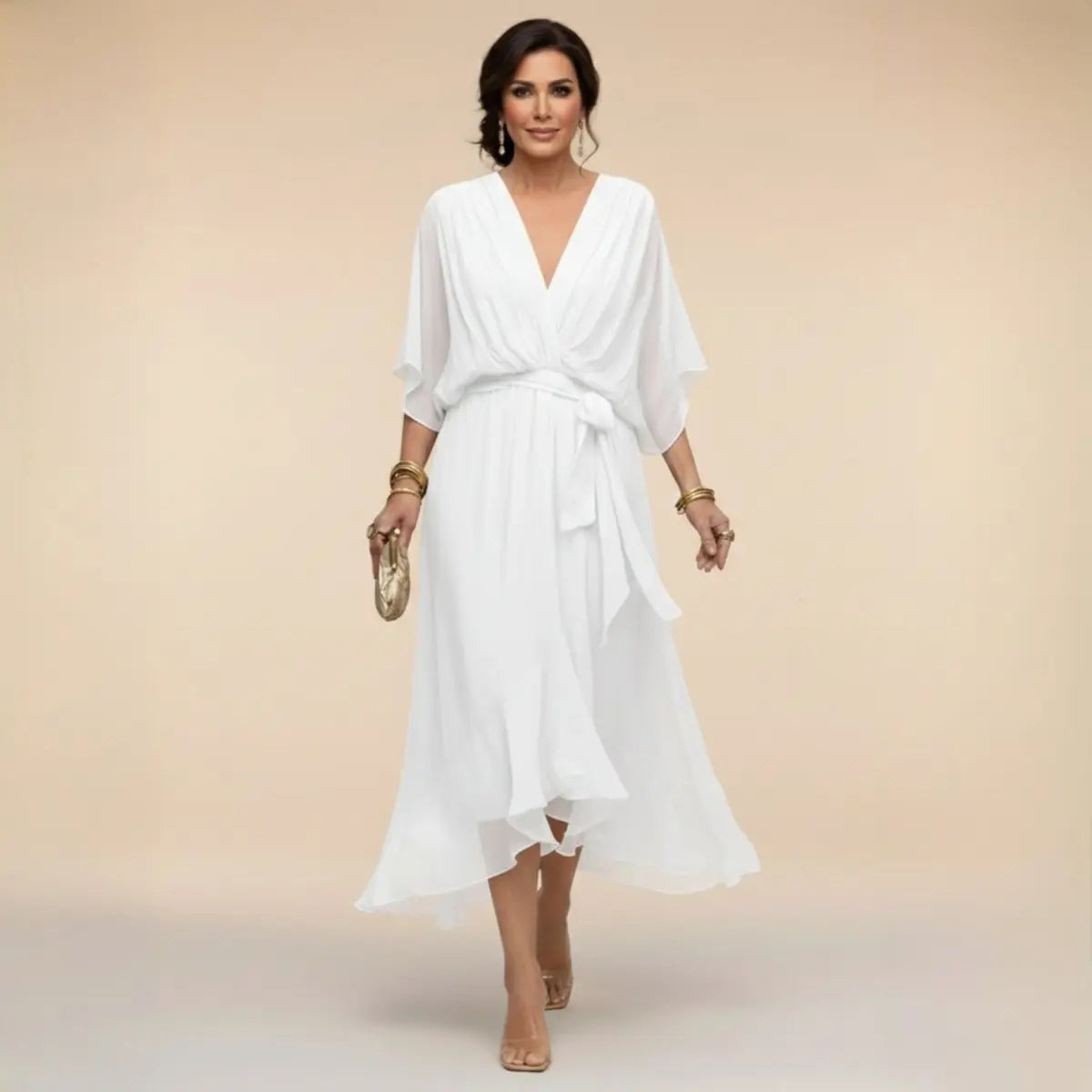 Women's V-Neck Flowy Chiffon Midi Wrap Dress - White