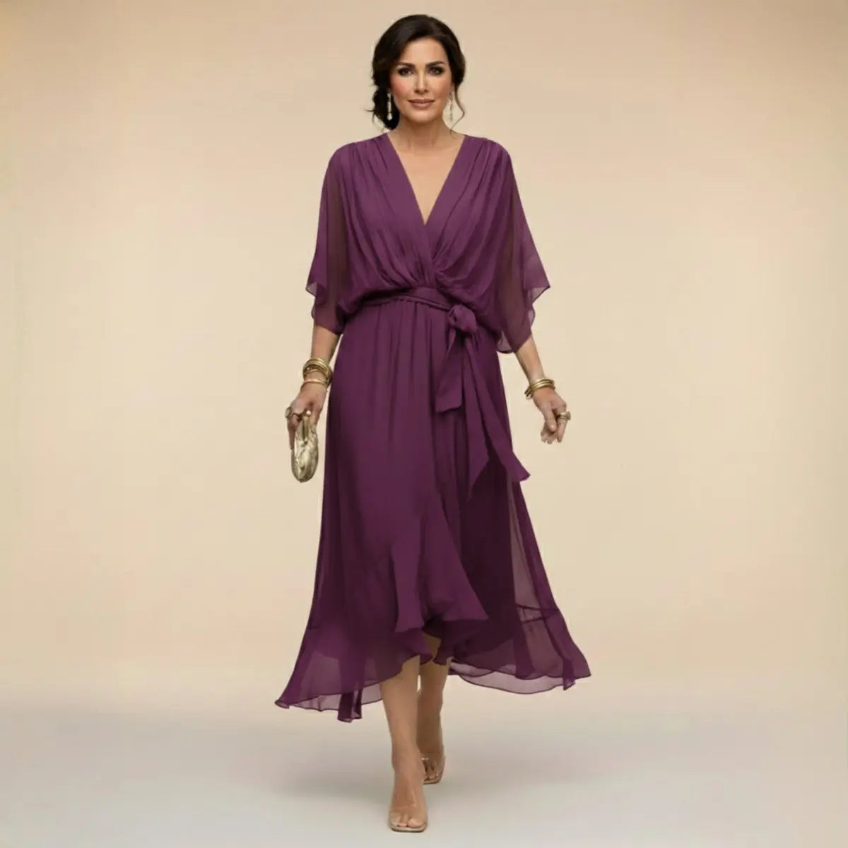 Women's V-Neck Flowy Chiffon Midi Wrap Dress - Purple