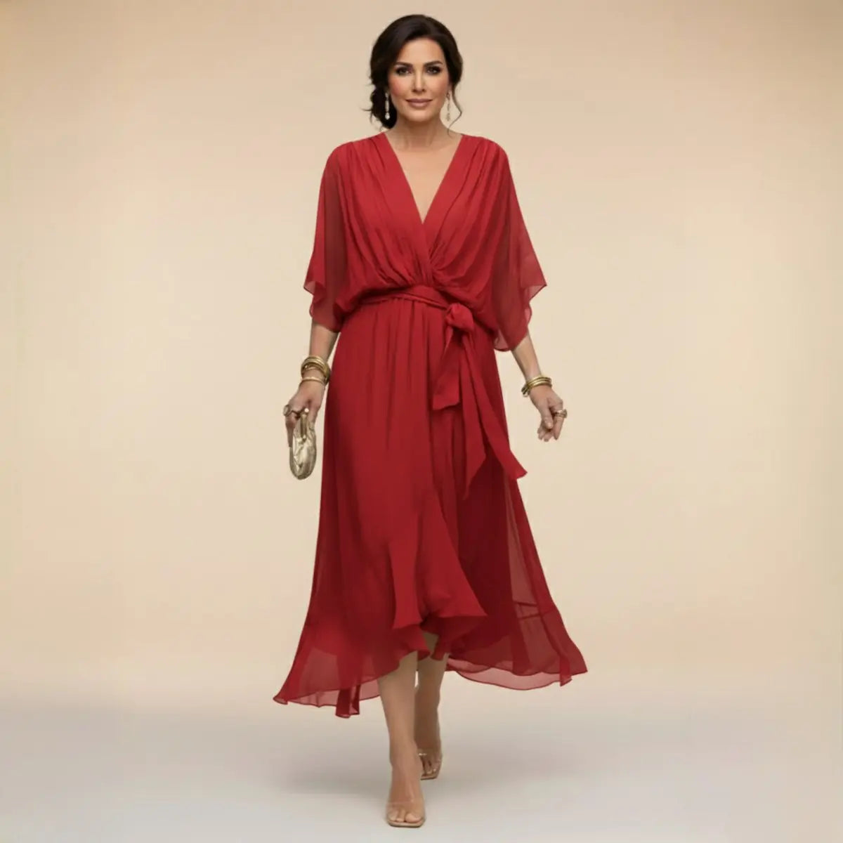 Women's V-Neck Flowy Chiffon Midi Wrap Dress - Red