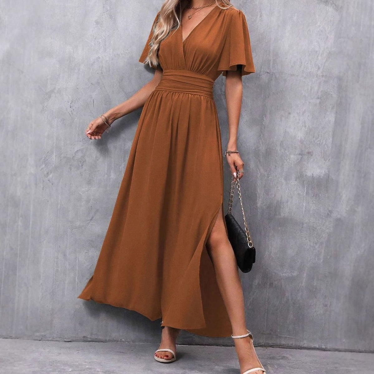 Women's V-Neck Flutter-Sleeve High-Waist Maxi Dress Side Split, Black - Caramel