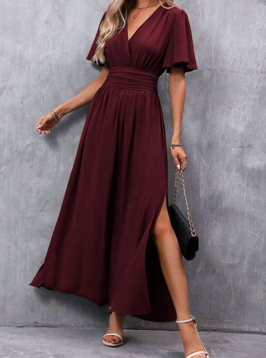 Women's V-Neck Flutter-Sleeve High-Waist Maxi Dress Side Split, Black - Burgundy