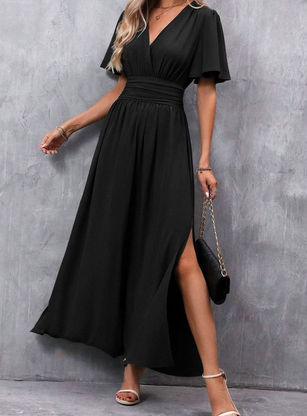 Women's V-Neck Flutter-Sleeve High-Waist Maxi Dress Side Split, Black - Black
