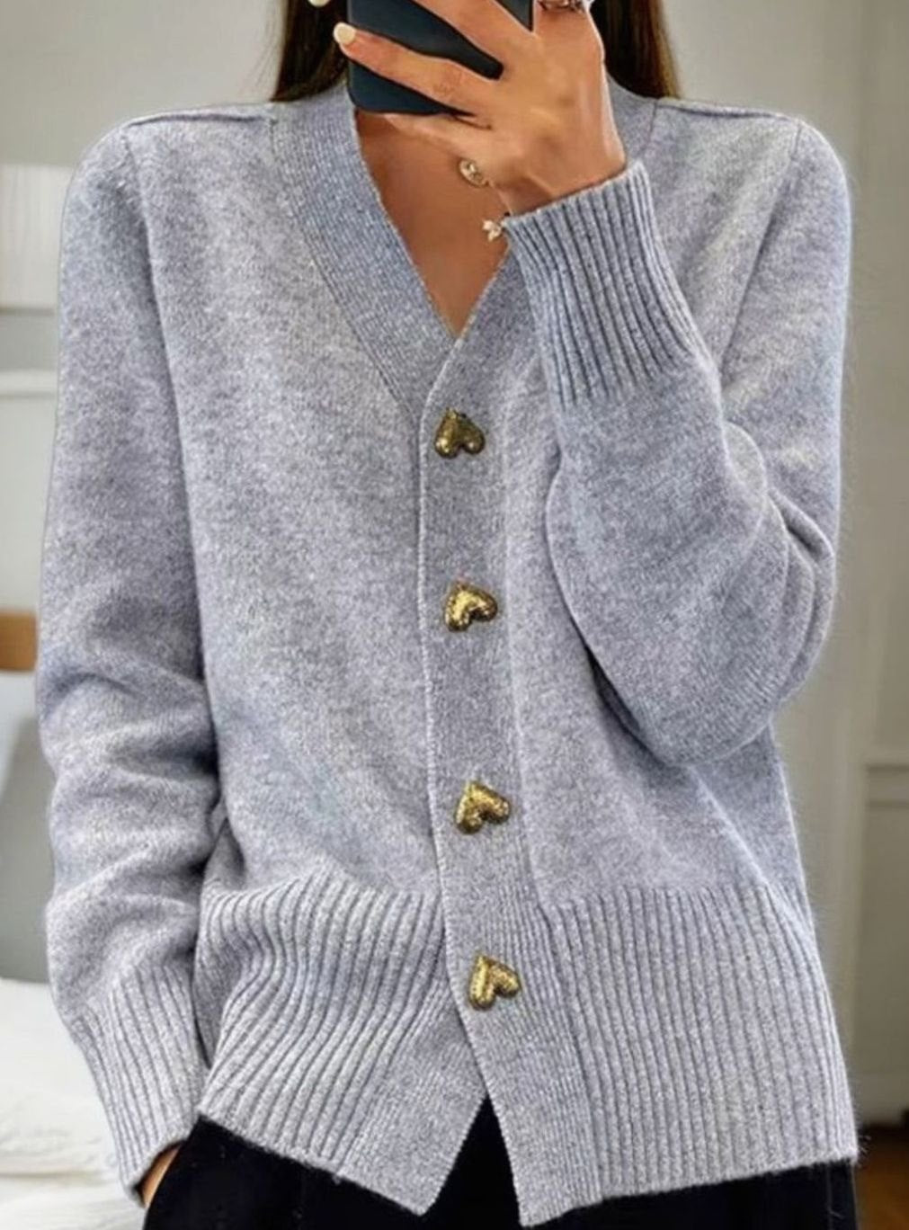 Women's V-Neck Gold Heart-Button Knit Cardigan - Grey