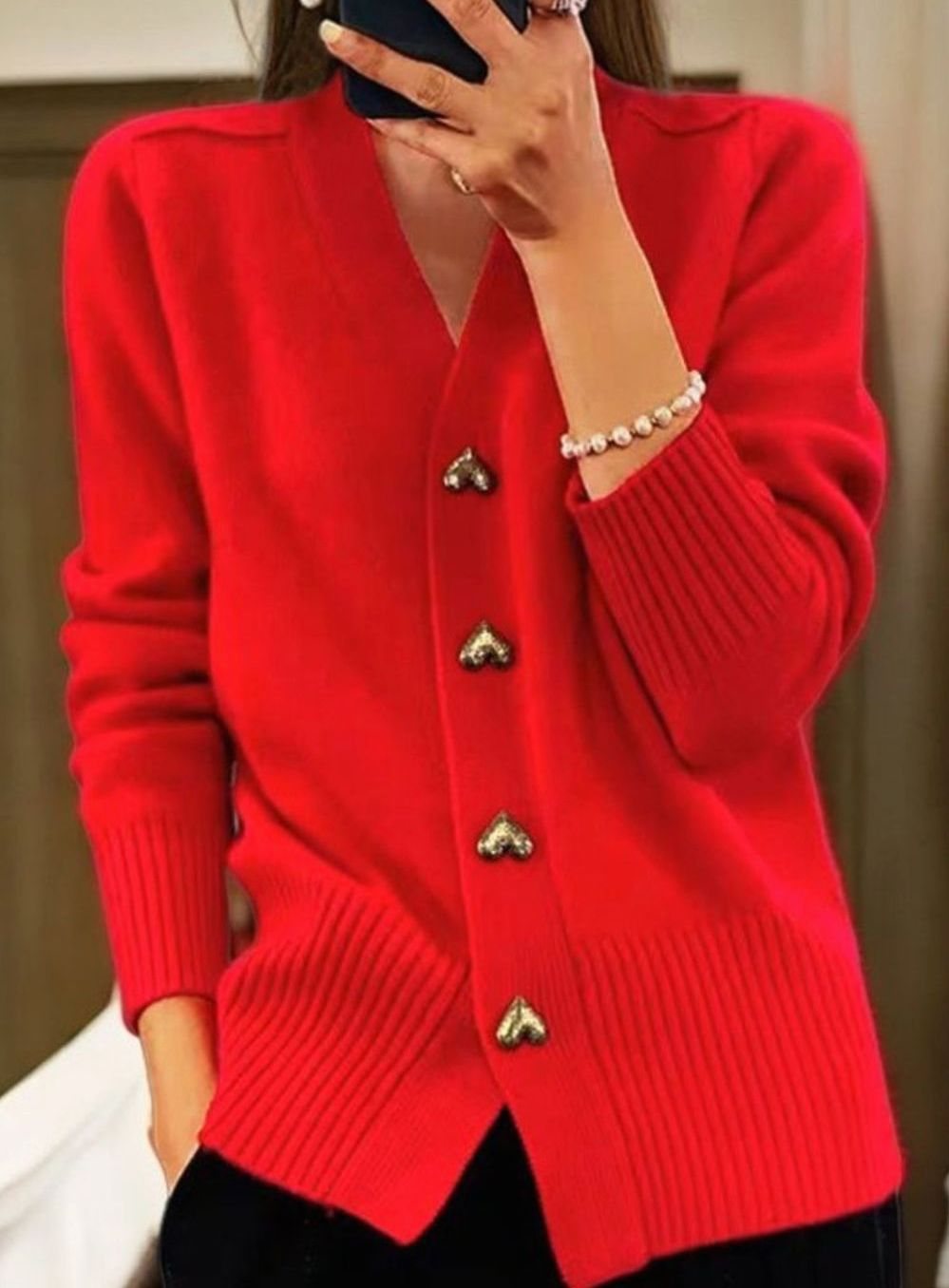Women's V-Neck Gold Heart-Button Knit Cardigan - Red