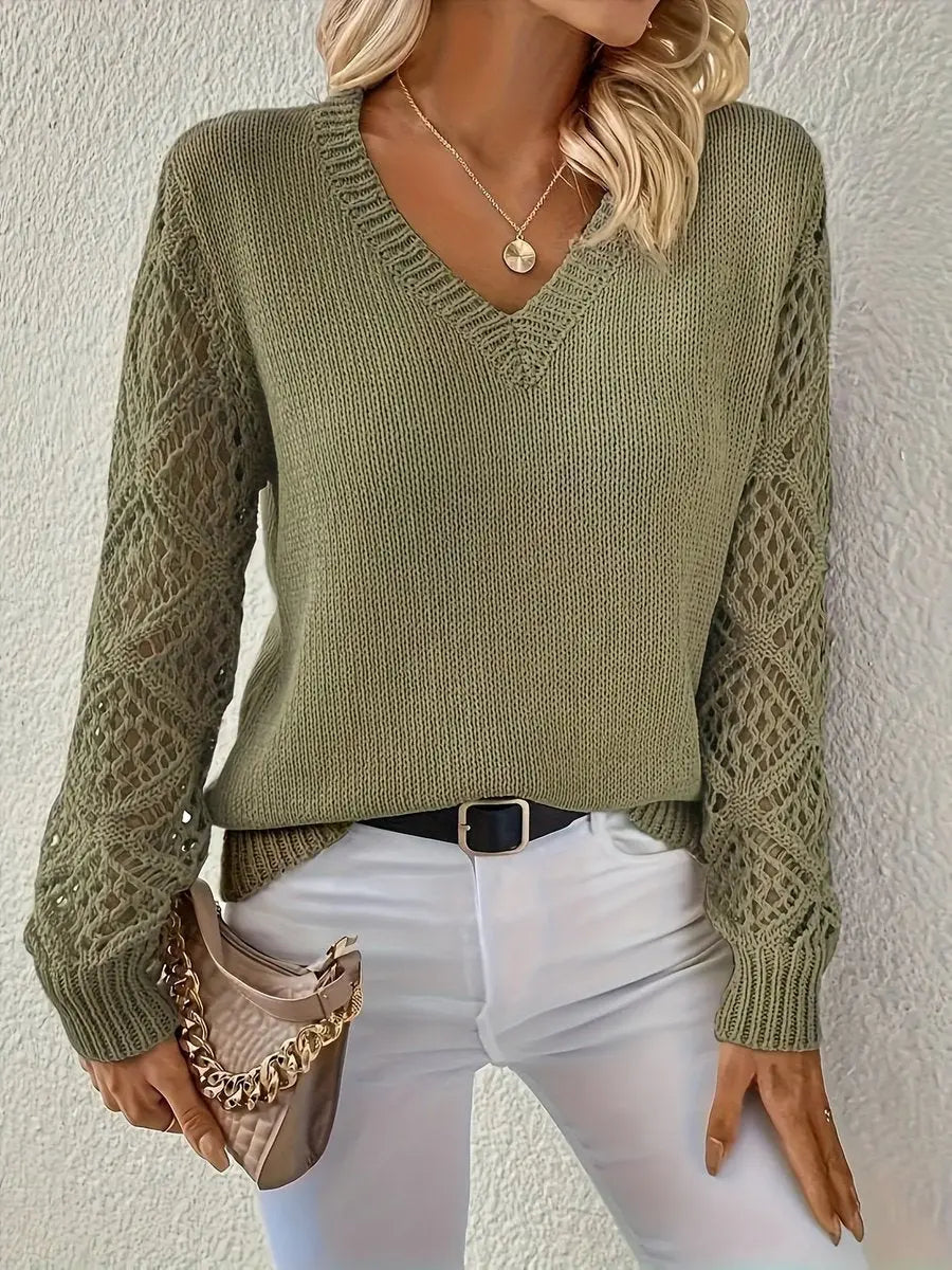 Women's V-Neck Hollow Sleeve Knit Sweater Jumper - Olive Green