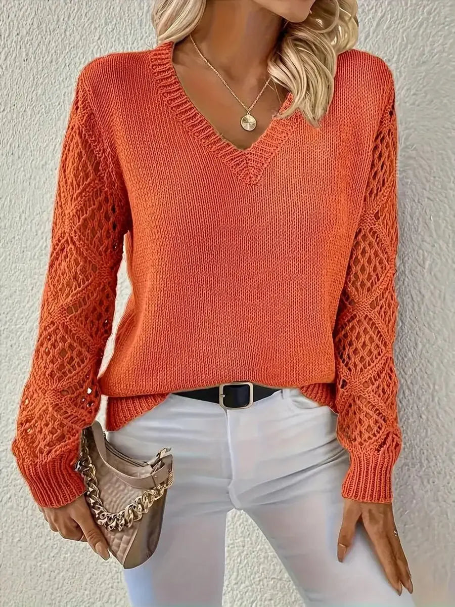 Women's V-Neck Hollow Sleeve Knit Sweater Jumper - Orange