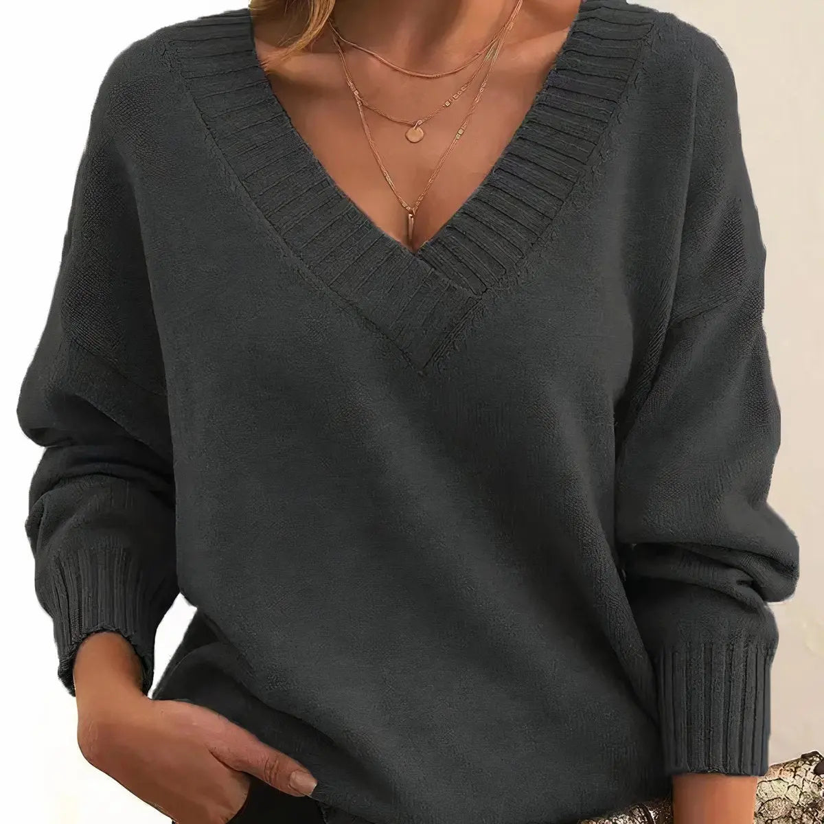 Women's V-Neck Long Sleeve Knit Pullover Sweater - Dark Grey