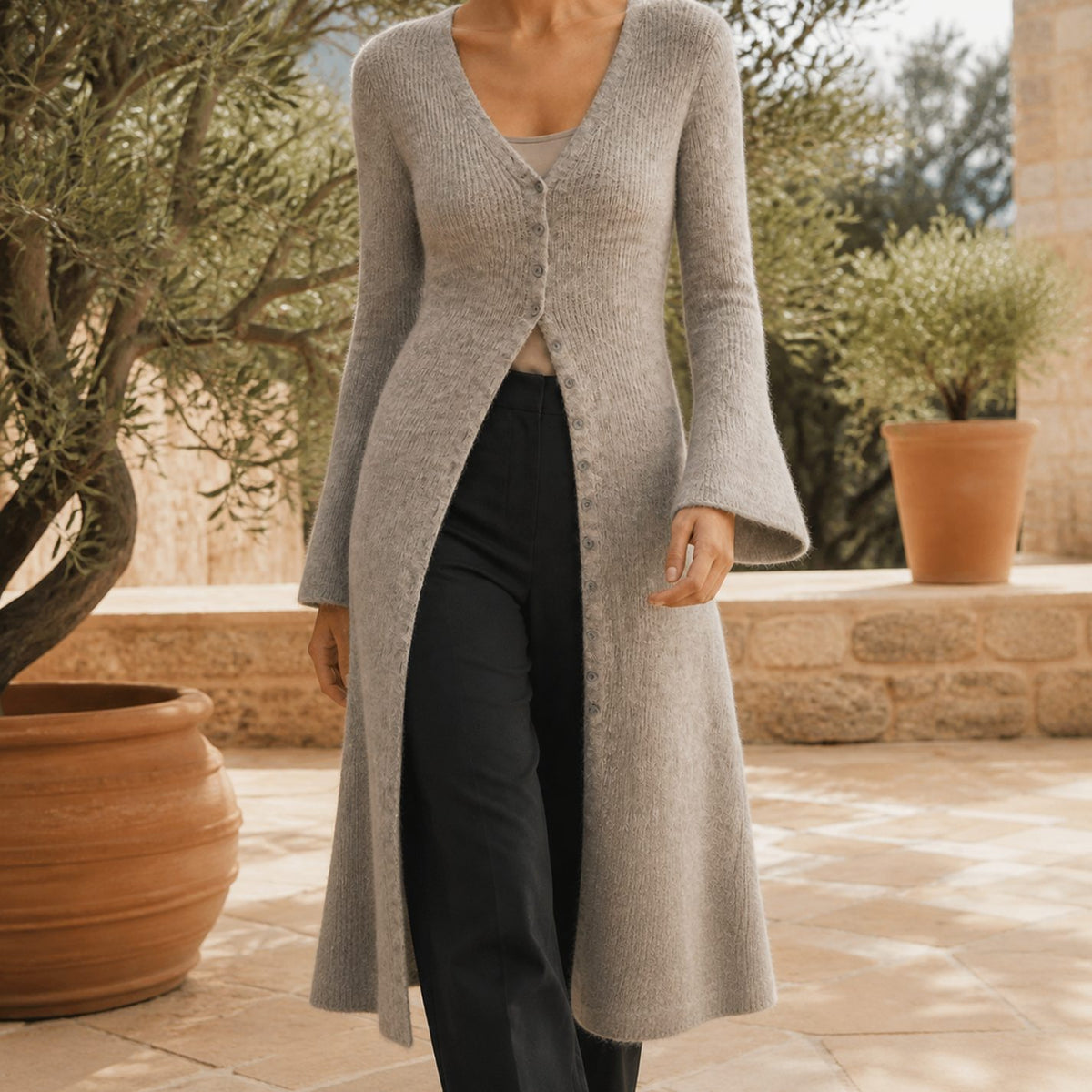 Women's V-Neck Longline Button-Front Knit Cardigan - Grey
