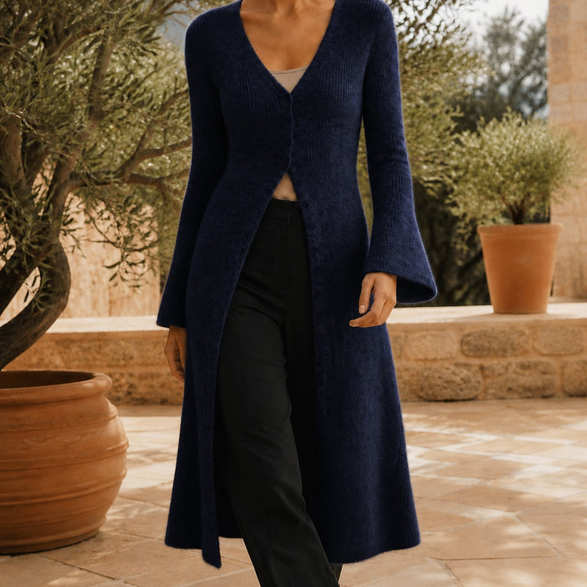 Women's V-Neck Longline Button-Front Knit Cardigan - Blue