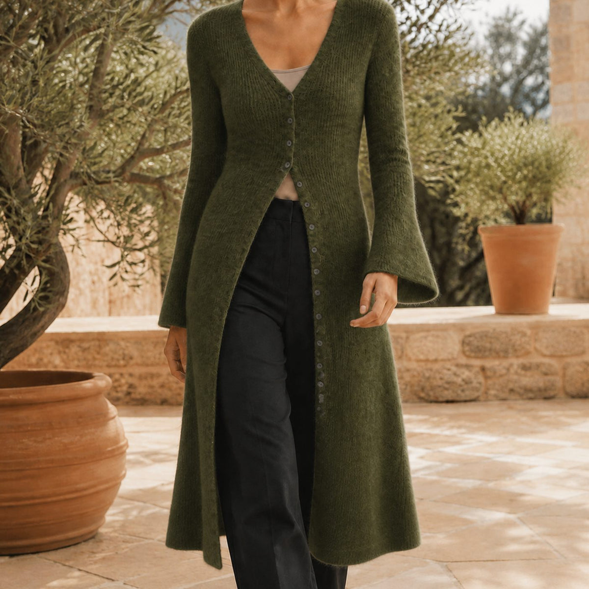 Women's V-Neck Longline Button-Front Knit Cardigan - Army Green