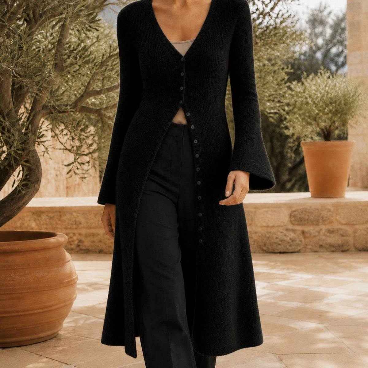 Women's V-Neck Longline Button-Front Knit Cardigan - Black