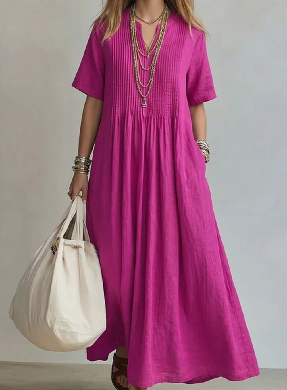 Women's V-Neck Pintuck Pleated Loose Maxi Dress - Pink