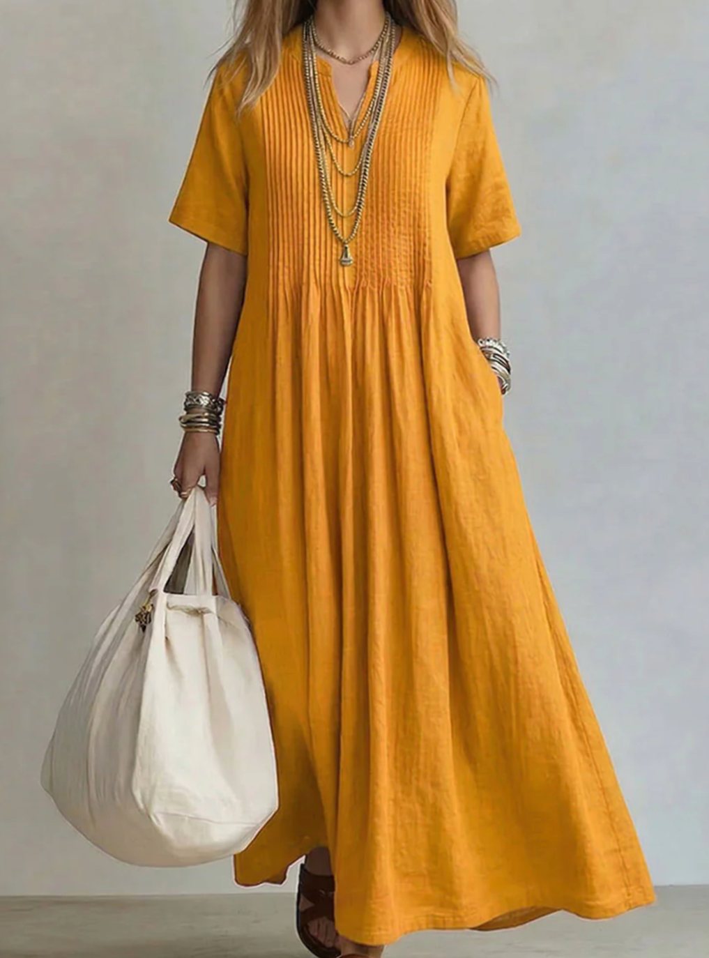 Women's V-Neck Pintuck Pleated Loose Maxi Dress - Yellow
