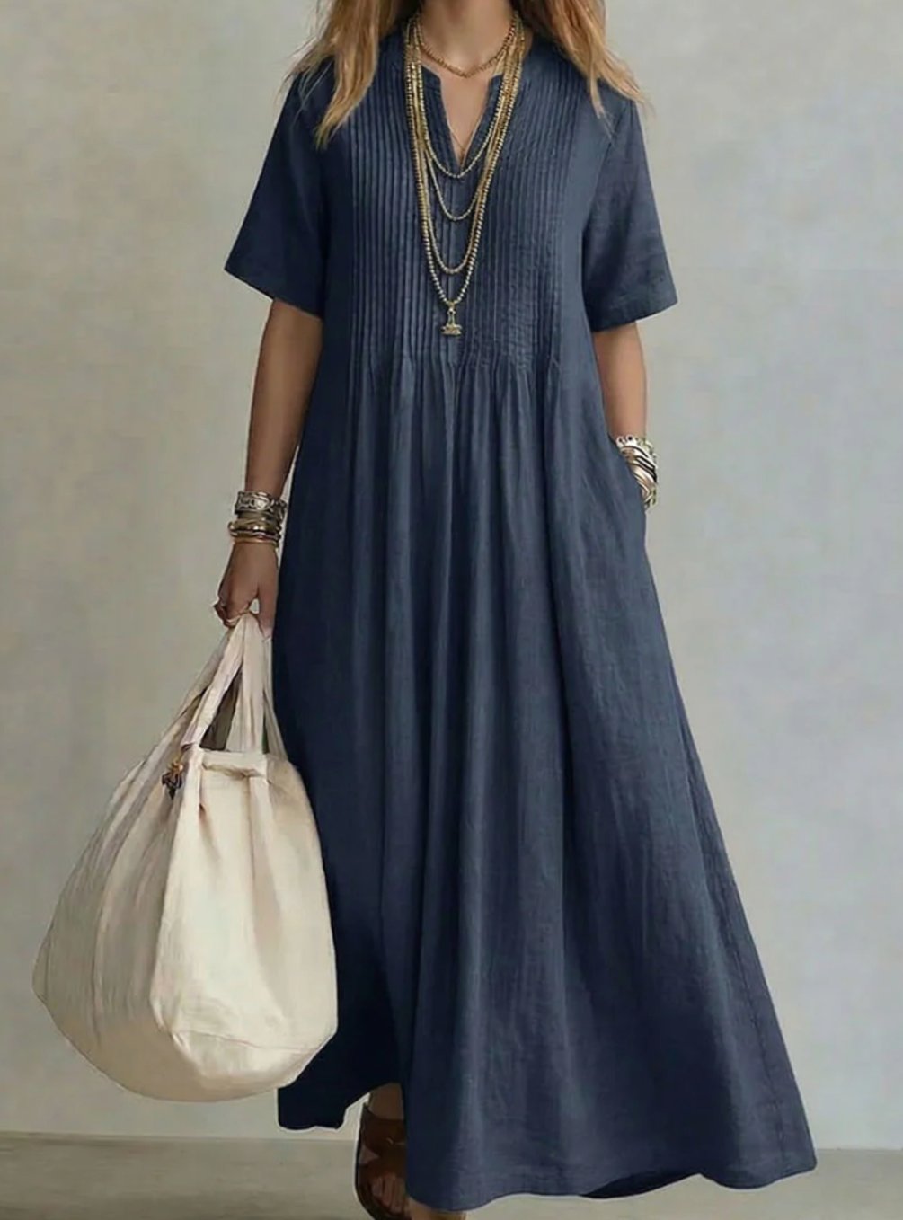 Women's V-Neck Pintuck Pleated Loose Maxi Dress - Navy Blue