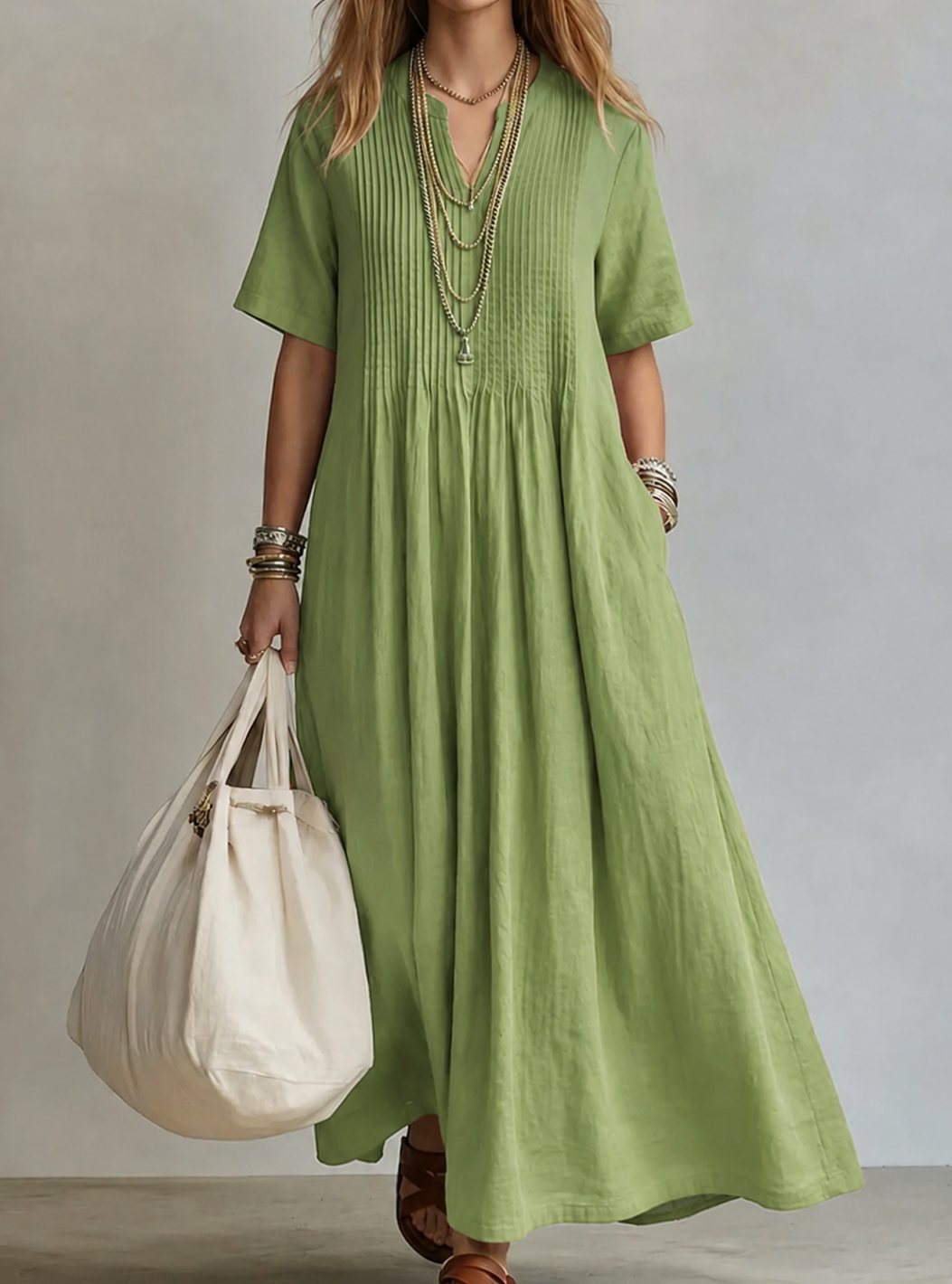 Women's V-Neck Pintuck Pleated Loose Maxi Dress - Green