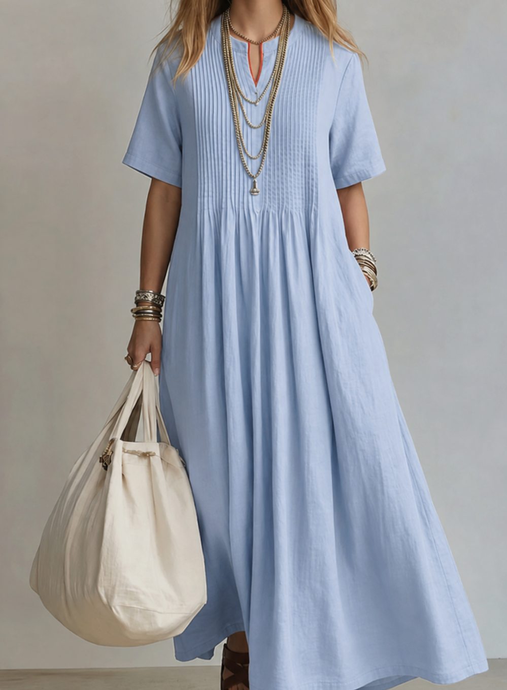 Women's V-Neck Pintuck Pleated Loose Maxi Dress - Blue