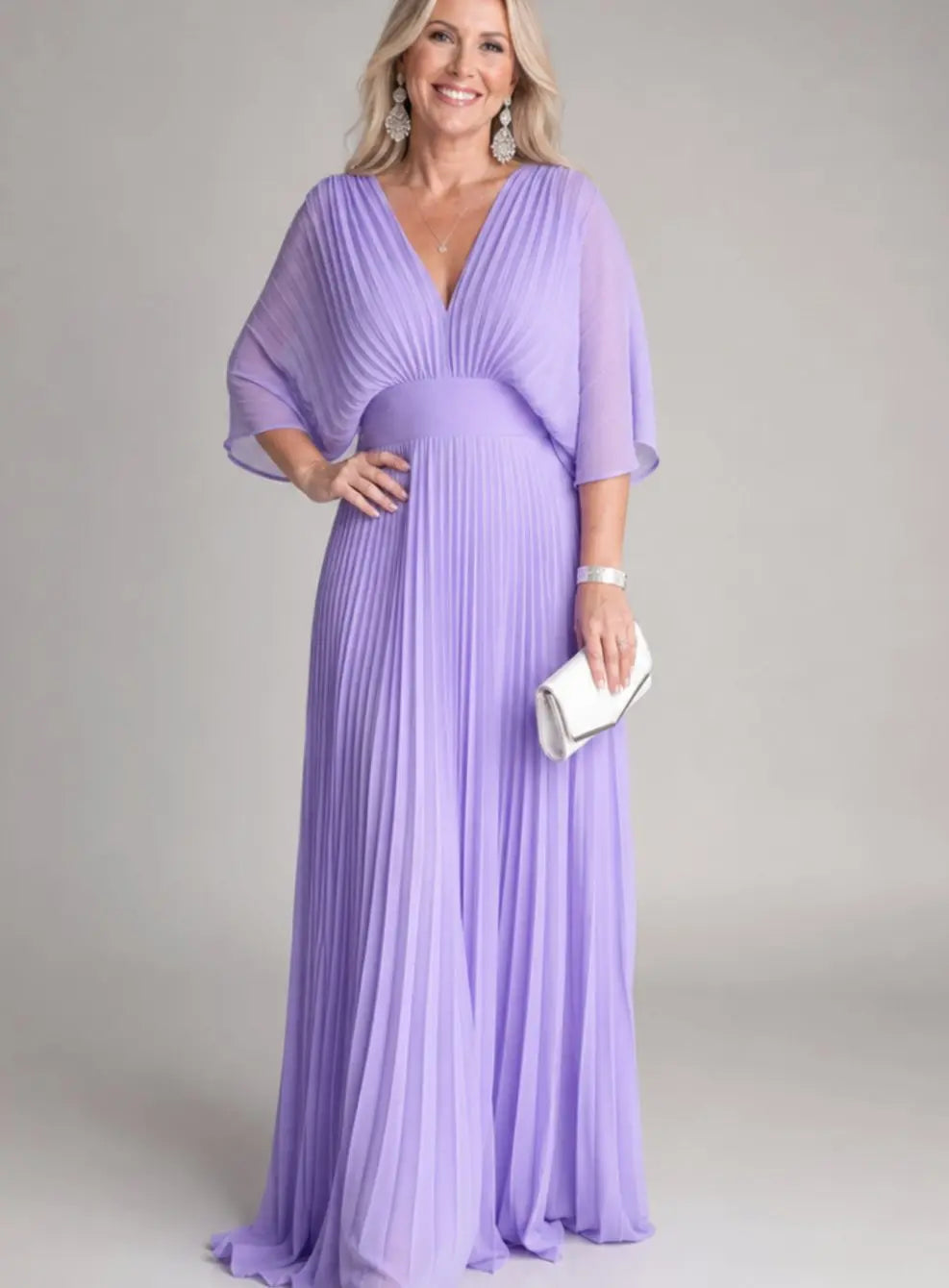 Women's V-Neck Pleated Maxi Party Dress Flutter Sleeves - Purple
