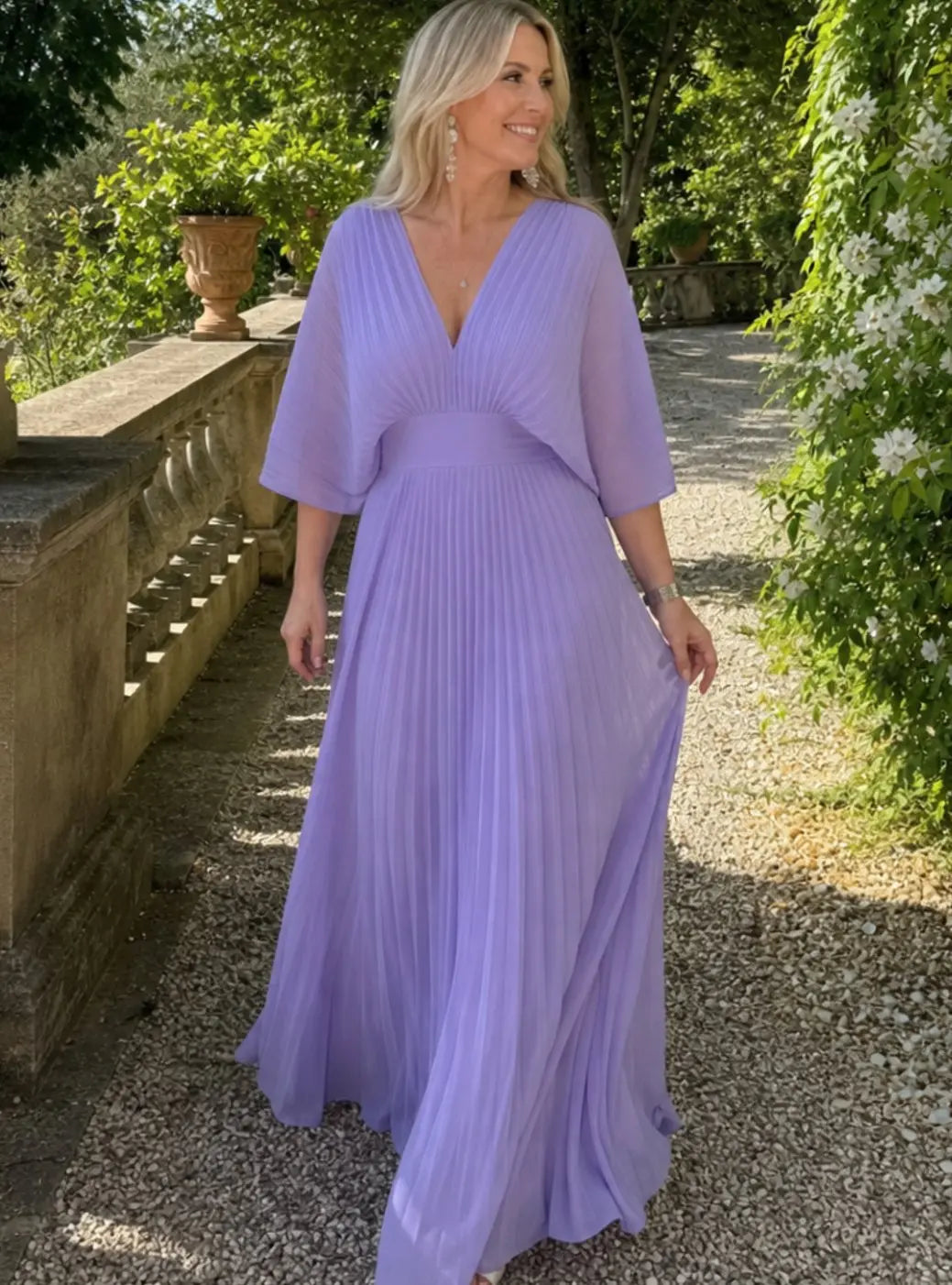 Women's V-Neck Pleated Maxi Party Dress Flutter Sleeves