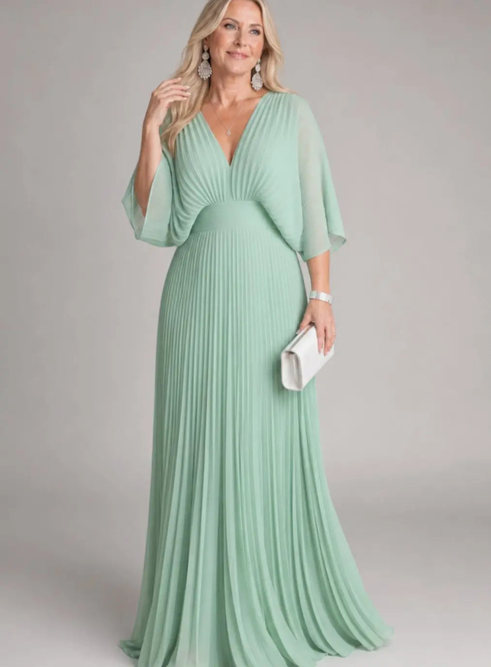 Women's V-Neck Pleated Maxi Party Dress Flutter Sleeves - Green