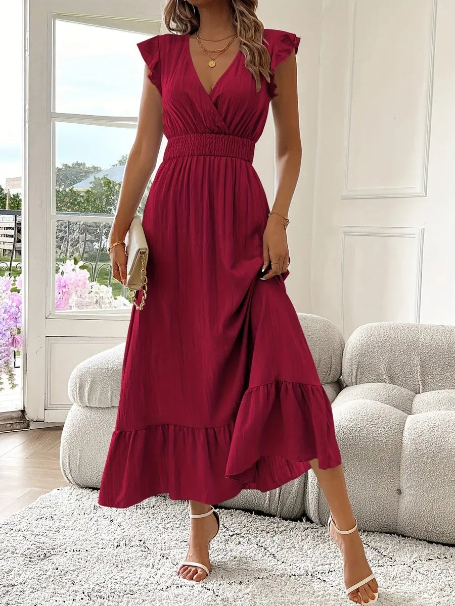 Women's V-Neck Ruffle Maxi Cocktail Party Dress Smocked Waist - Brick Red