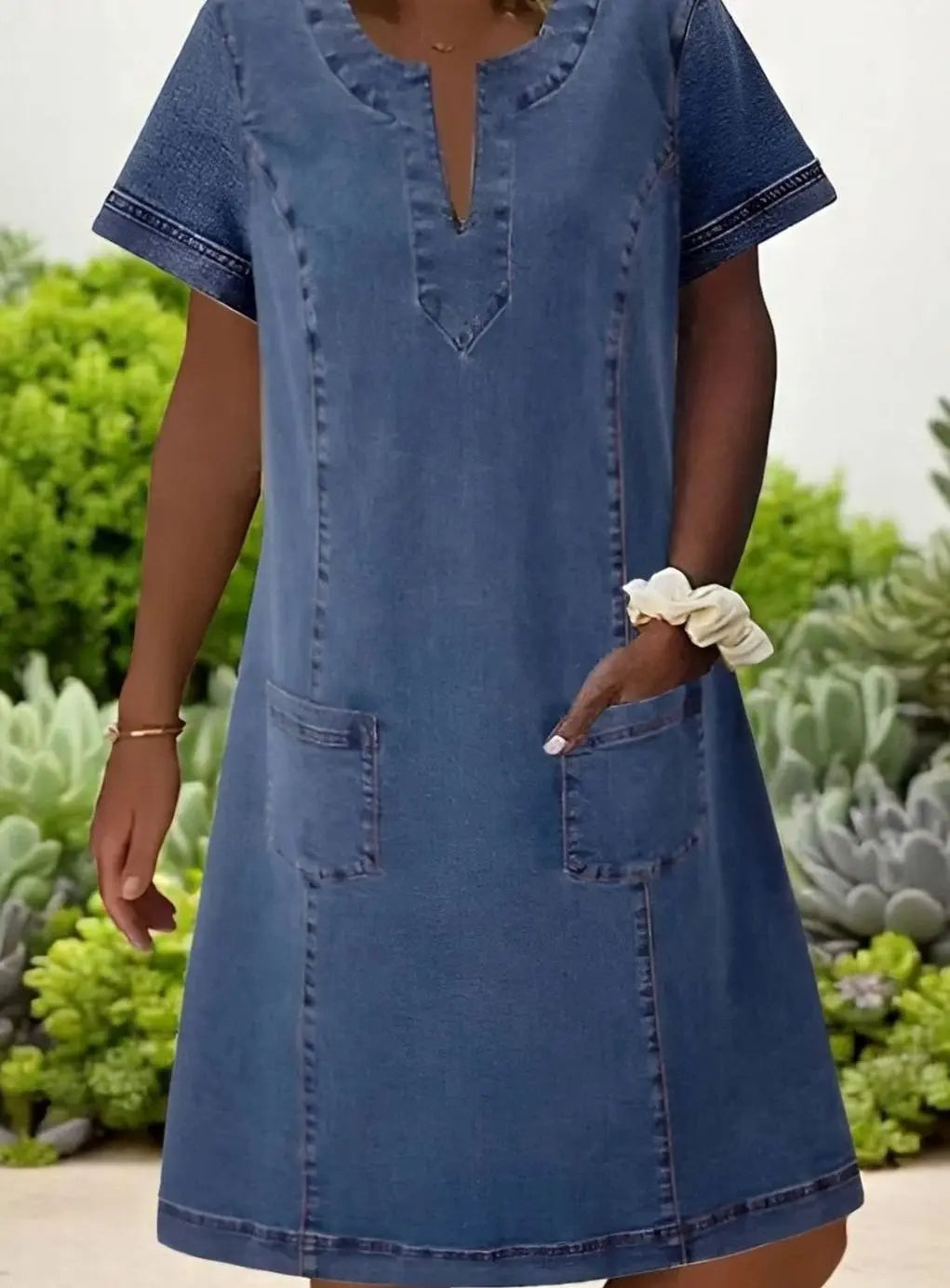 Women's V-Neck Short-Sleeve Denim Party Dress Pockets - Blue
