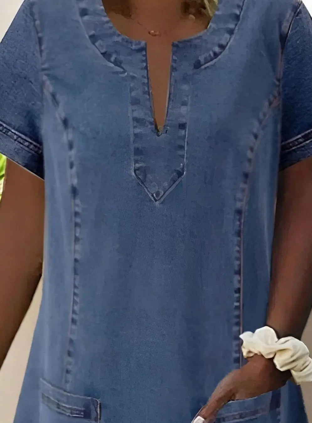 Women's V-Neck Short-Sleeve Denim Party Dress Pockets