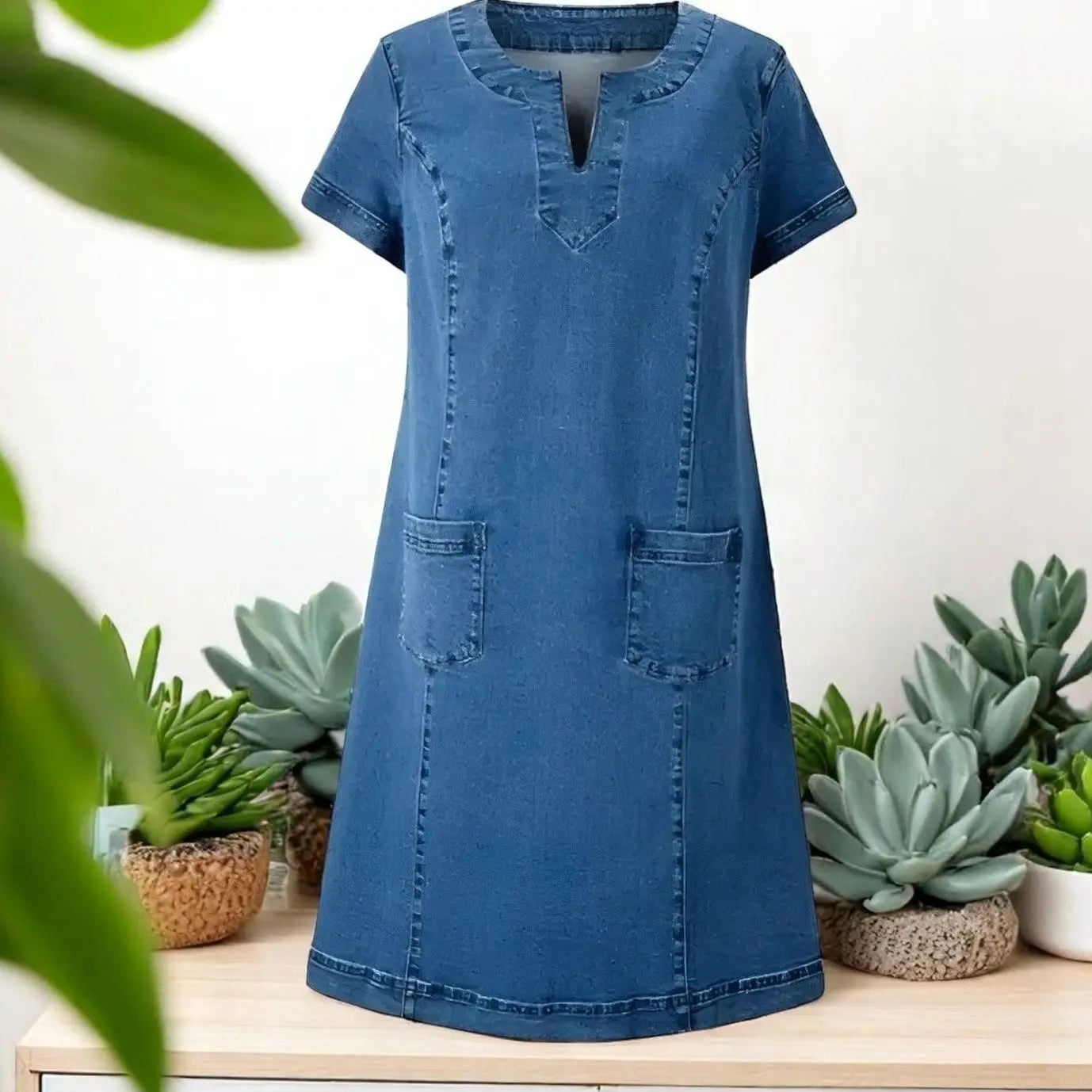 Women's V-Neck Short-Sleeve Denim Party Dress Pockets