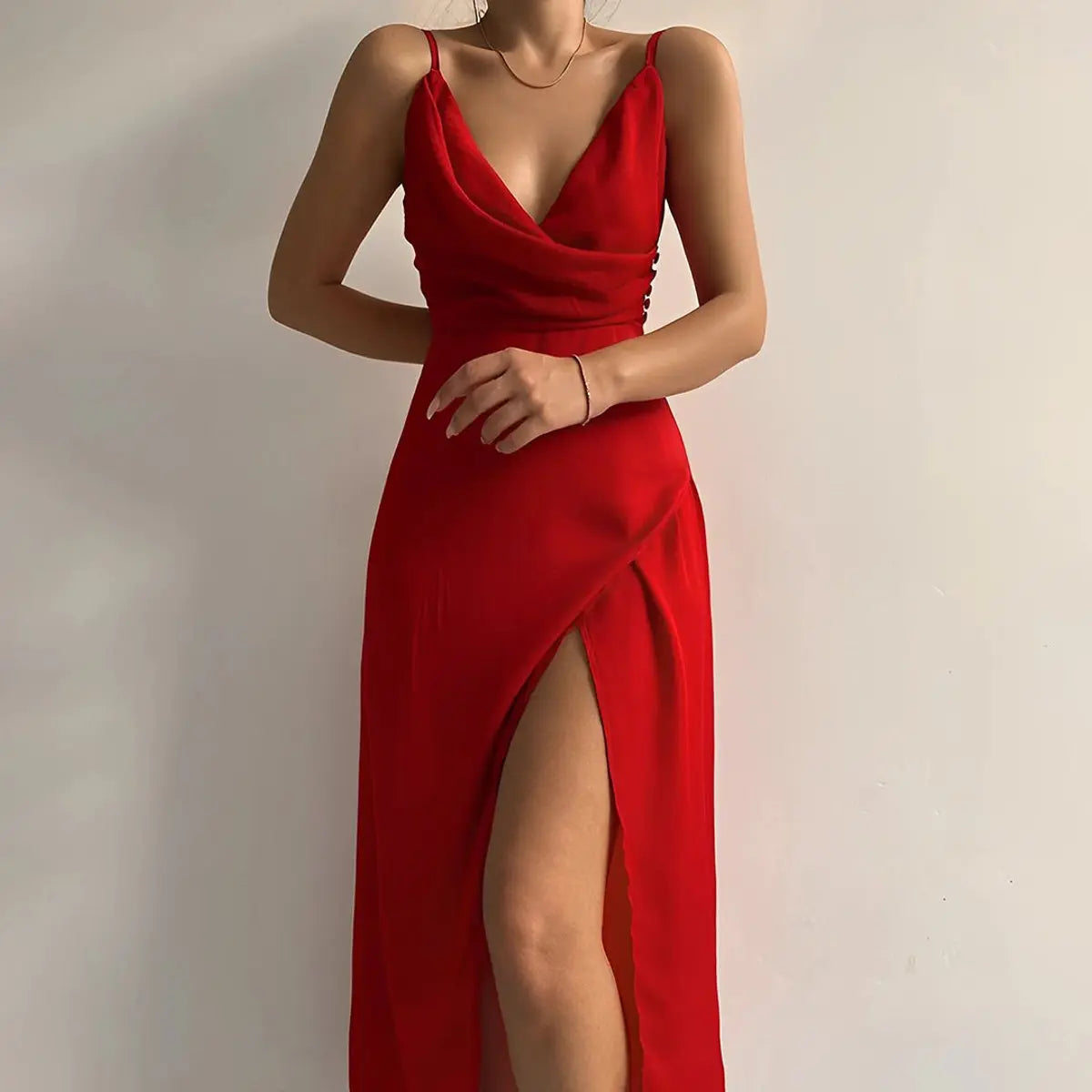 Women's V-Neck Spaghetti Strap Maxi Cocktail Party Dress Thigh Slit - Red