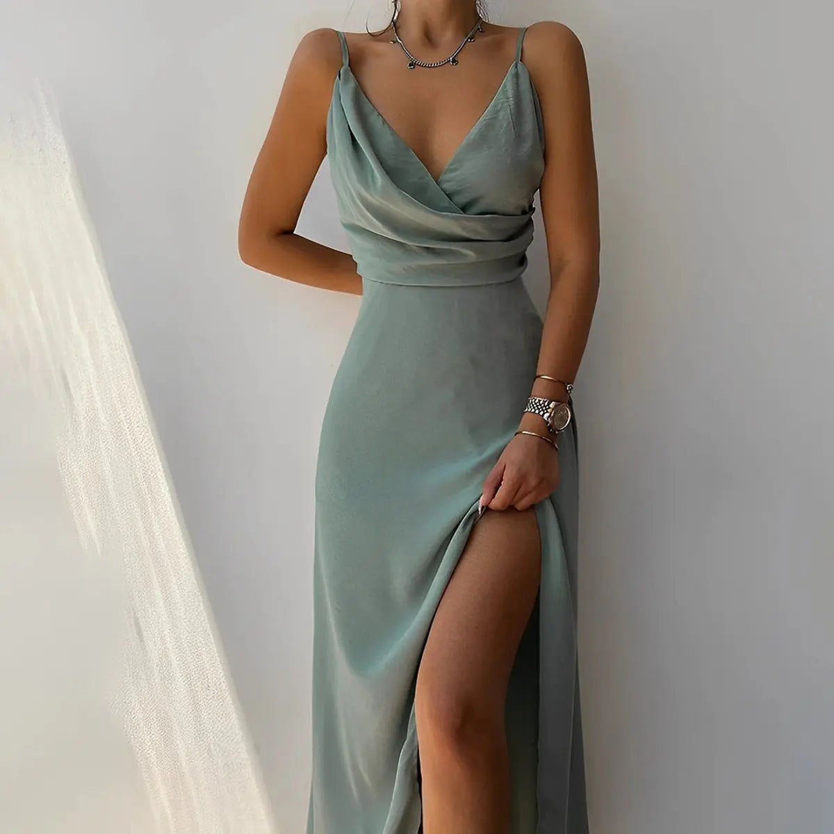 Women's V-Neck Spaghetti Strap Maxi Cocktail Party Dress Thigh Slit - Army Green