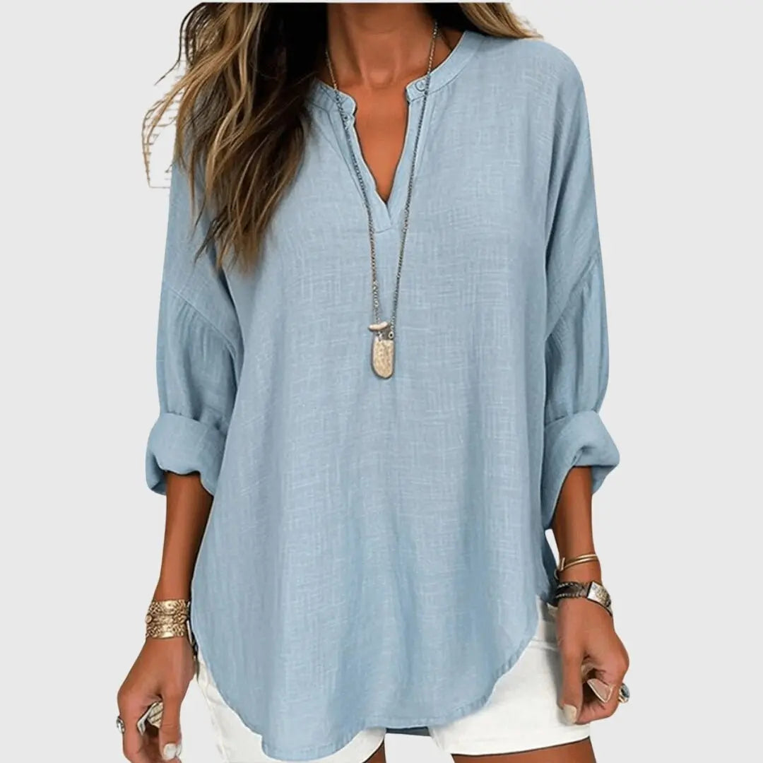 Women's V-Neck Tunic Blouse Long Sleeve Relaxed Fit - Light Blue