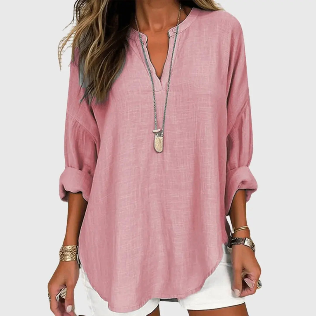 Women's V-Neck Tunic Blouse Long Sleeve Relaxed Fit - Pink