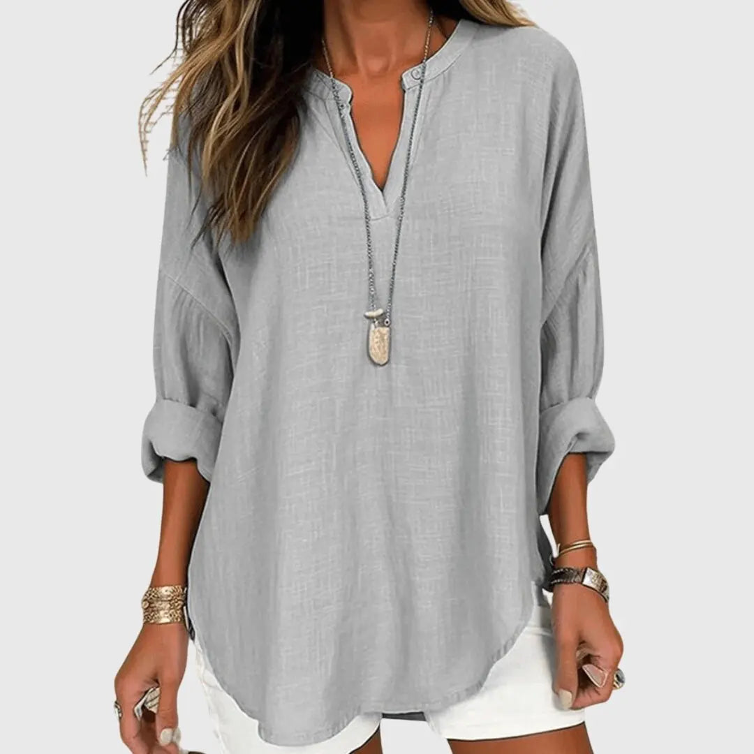 Women's V-Neck Tunic Blouse Long Sleeve Relaxed Fit - Gray