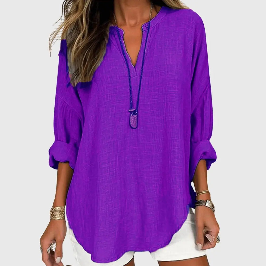 Women's V-Neck Tunic Blouse Long Sleeve Relaxed Fit - Purple