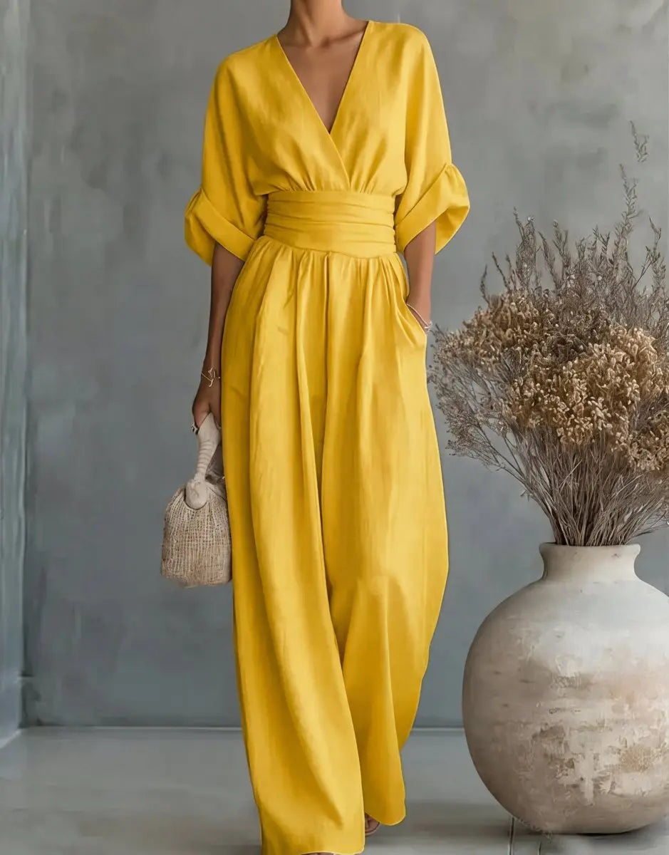 Women's V-Neck Wrap-Bodice Wide-Leg Jumpsuit - Yellow