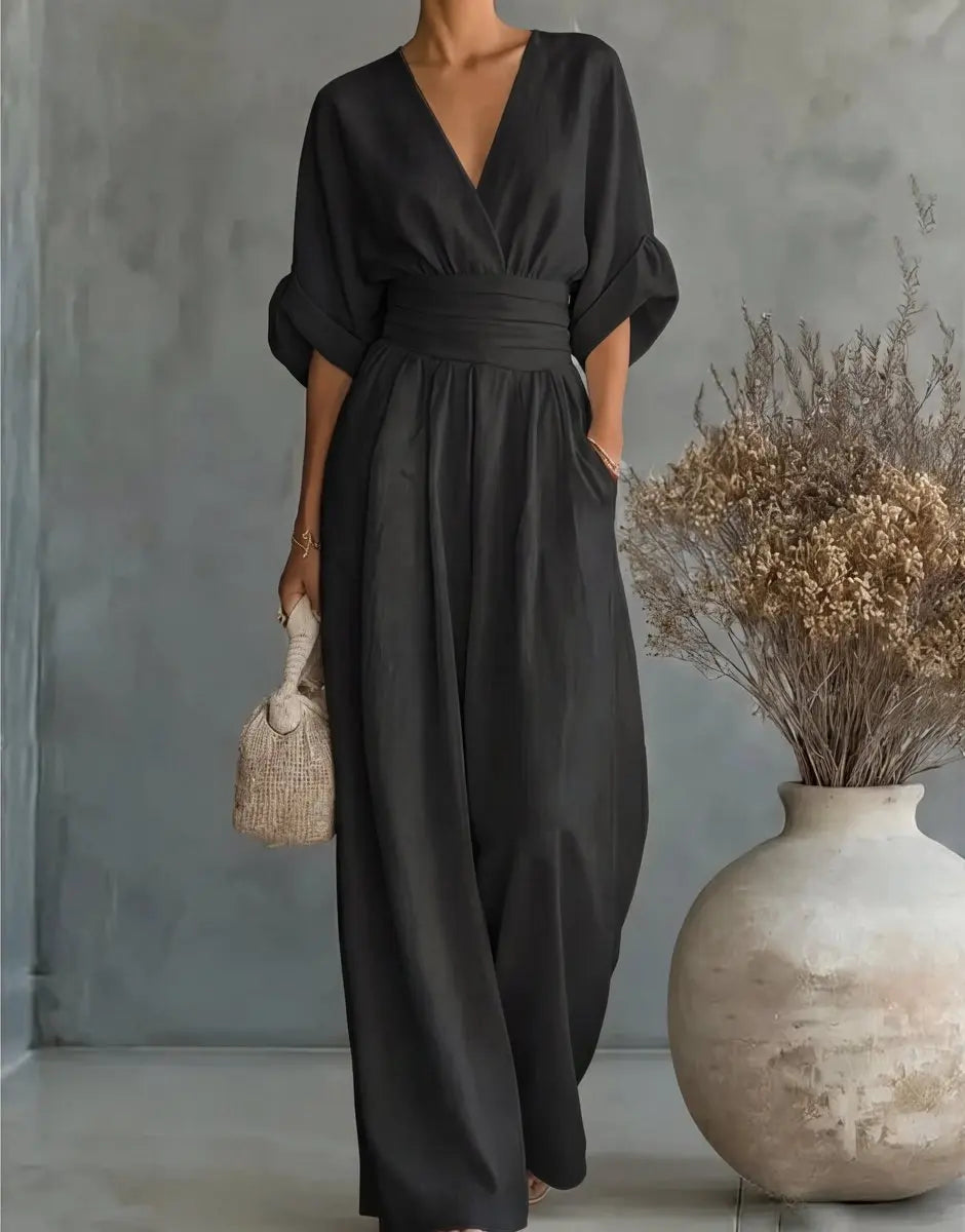 Women's V-Neck Wrap-Bodice Wide-Leg Jumpsuit - Black