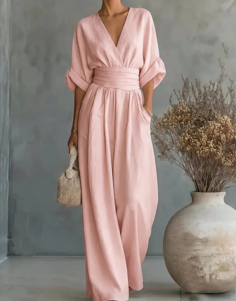 Women's V-Neck Wrap-Bodice Wide-Leg Jumpsuit - Light Pink