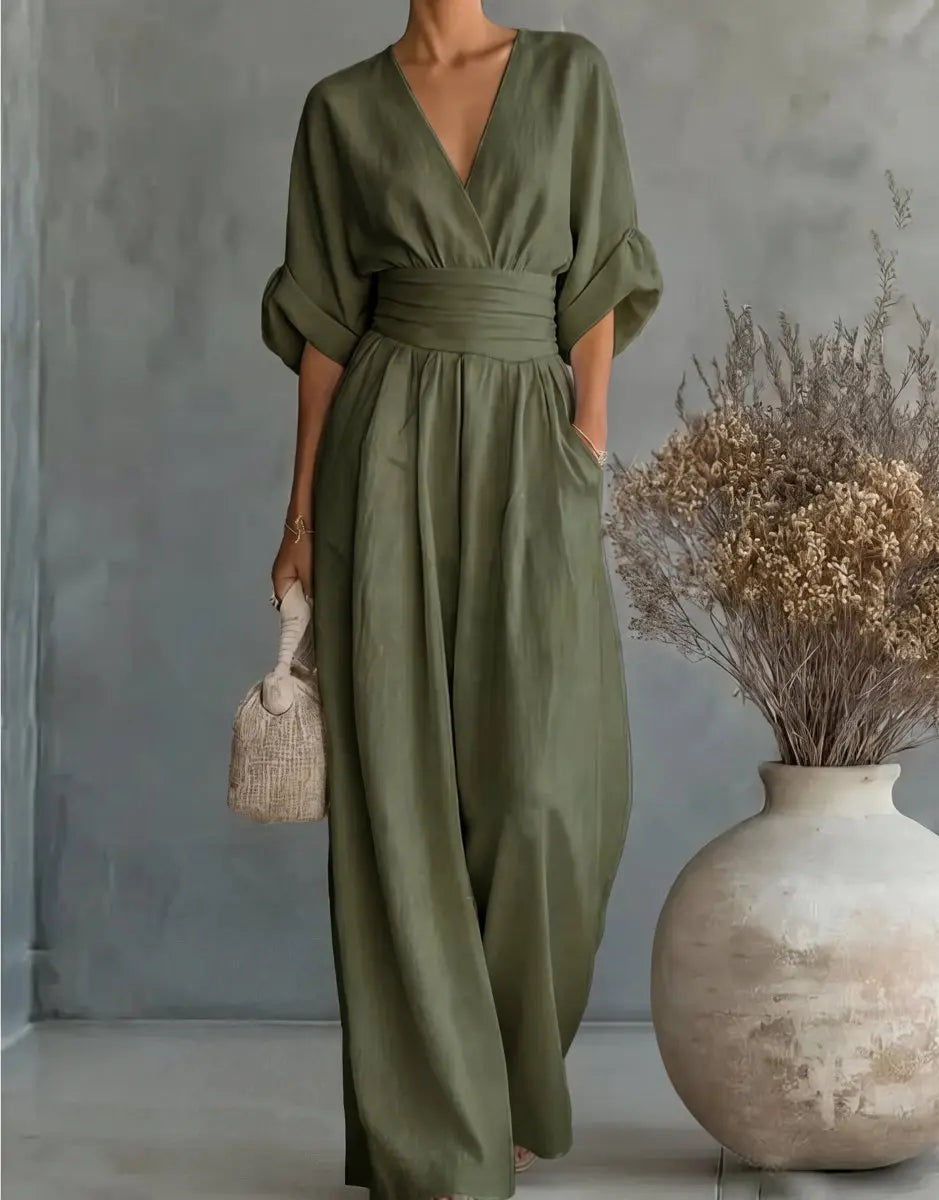 Women's V-Neck Wrap-Bodice Wide-Leg Jumpsuit - Green