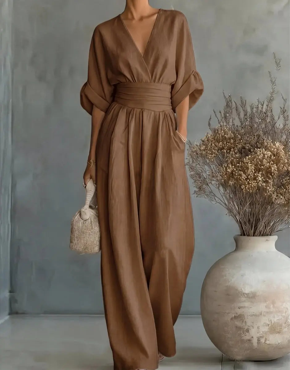 Women's V-Neck Wrap-Bodice Wide-Leg Jumpsuit - Brown