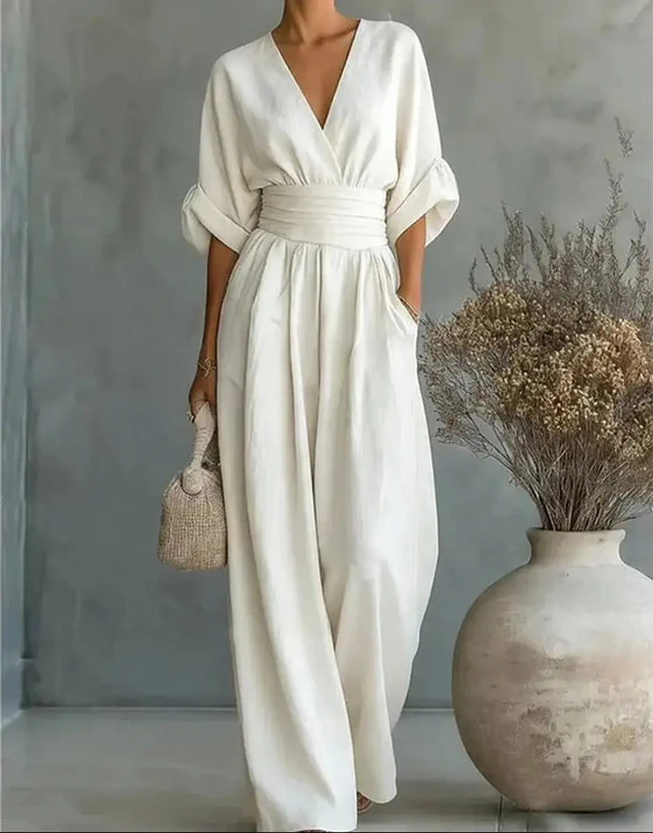 Women's V-Neck Wrap-Bodice Wide-Leg Jumpsuit