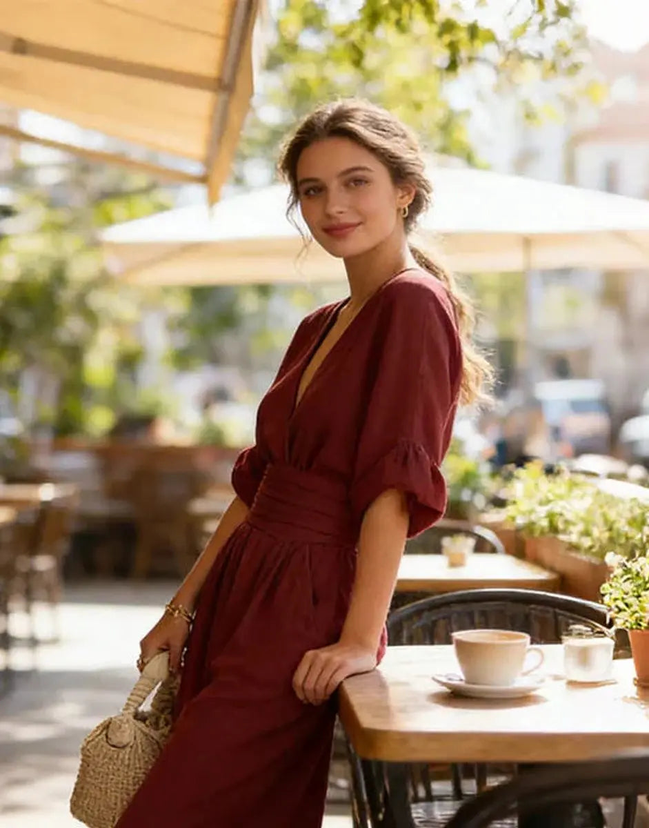 Women's V-Neck Wrap-Bodice Wide-Leg Jumpsuit