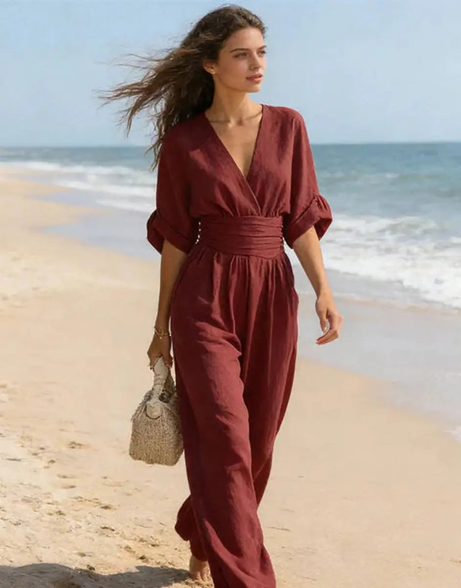 Women's V-Neck Wrap-Bodice Wide-Leg Jumpsuit