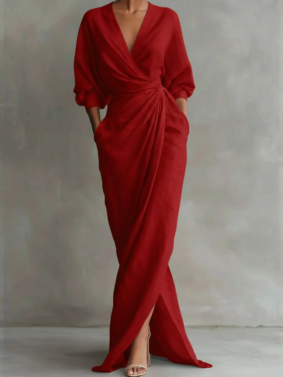 Women's V-Neck Wrap Maxi Long Sleeve Dress Ruched Waist - Red
